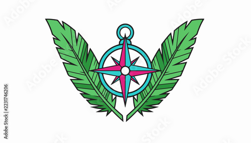 Stylized nautical compass emblem with decorative green tropical palm leaves.