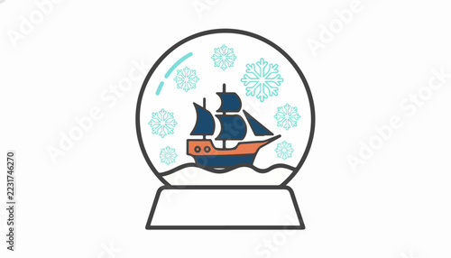 Stylized snow globe featuring a vintage sailing ship with snowflakes.