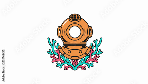 Vintage antique deep sea diving helmet with coral reef illustration.