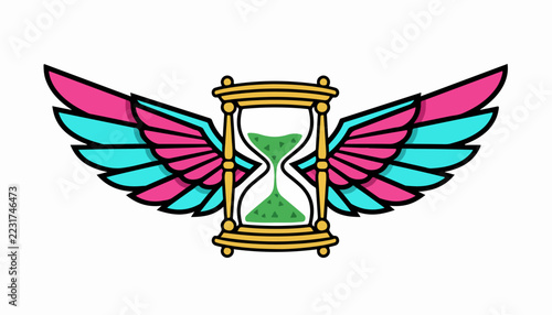 Vintage golden hourglass with vibrant colorful wings illustration.
