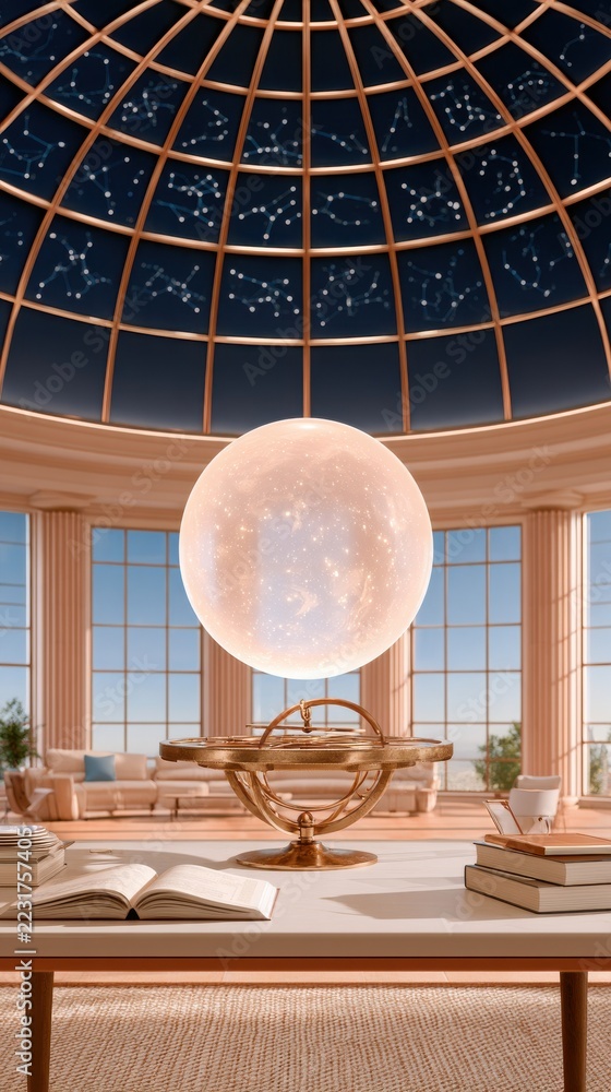 Fototapeta premium Golden armillary sphere with glowing translucent orb, cosmic study room, celestial navigation instrument