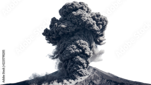 Fotografie Volcano erupting dark ash cloud, isolated on transparent background