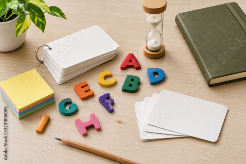 A language learning concept featuring blank flashcards, colored alphabet-shaped wooden pieces without recognizable letters, plain sticky notes, a small hourglass and a closed notebook, carefully arran