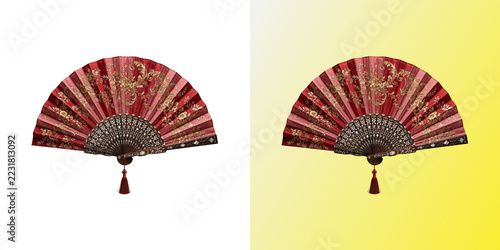 Obraz na plátně Red Folding Hand Fan, ornate decorative fan with gold floral embroidery and tass