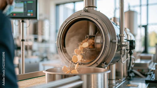 Smart food factory machine pours cereal into steel container in clean production facility