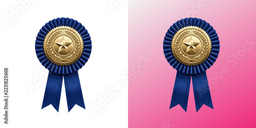 Fotografie Blue Award Rosette Ribbon, gold medal badge with pleated ribbon for first place