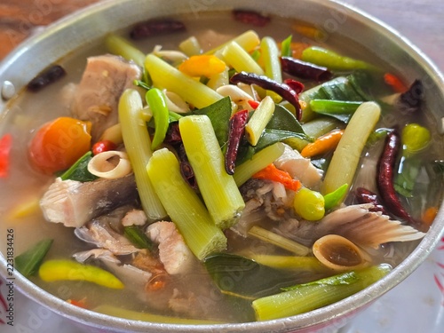 Thai Spicy and Sour Fish Soup with Dried Chili, Lemongrass and Kaffir Lime Leaves, Traditional Tom Yum