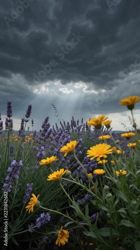 Wildflowers and lavender in a field under dramatic clouds with sun rays breaking through, wide moody view