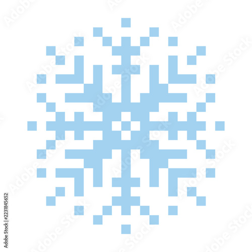 Tiempo de Navidad. Icono con el dibujo sencillo de un copo de nieve en estilo arcade con pixels, para tarjetas y felicitaciones navideñas