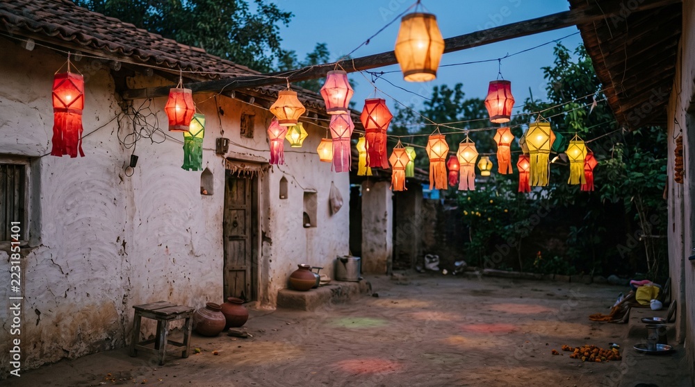 Fototapeta premium Traditional Diwali lanterns hanging in a rustic village courtyard, colorful paper lamps illuminating an old rural house at dusk, festive Indian celebration