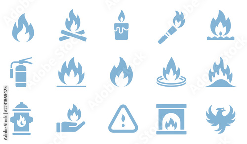 Fire safety blue icons vector set, flame and emergency symbols isolated.