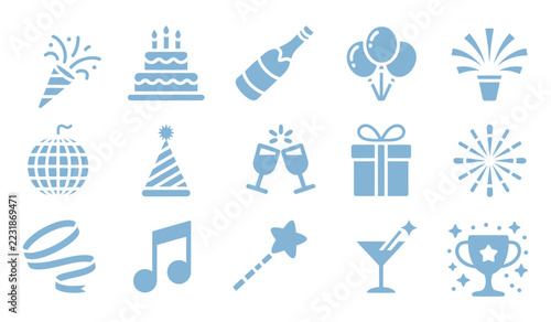 Celebration and party icons set for birthday festival and anniversary events.