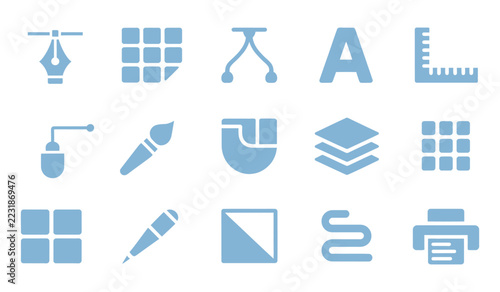 Set of blue design tool icons for graphic software interface on white background.