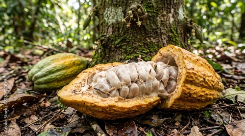 Opened cacao pod showing fresh beans in a tropical setting