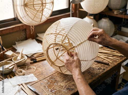 Artisan assembling a paper lantern in a craft workshop