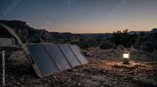Portable solar panel powering a lantern at a remote campsite