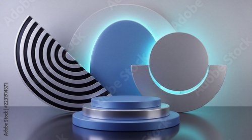 Minimalist circular podium display with blue and silver geometric shapes for product showcase stage.
