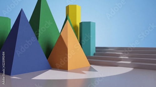 Colorful geometric shapes with pyramids and hexagonal columns near steps for creative compositions.