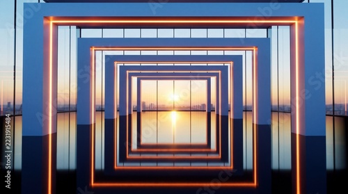 Modern architectural corridor with glowing orange light frames overlooks sunset city for backdrop.