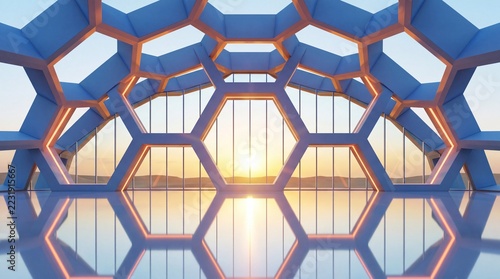 Honeycomb structural ceiling frames sunset over desert landscape within futuristic glass atrium hall.