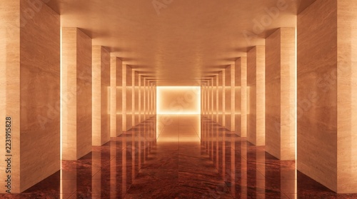 Grand symmetrical corridor with warm glowing lighting stone pillars and reflective polished floor.
