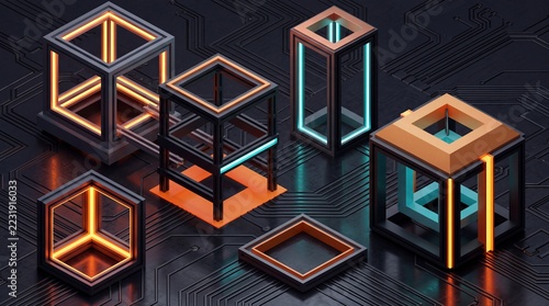 Abstract geometric cube structures with neon lighting accents against dark circuit board background.