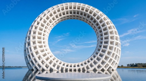 Giant white torus structure floating on calm water under clear blue sky background for product display.