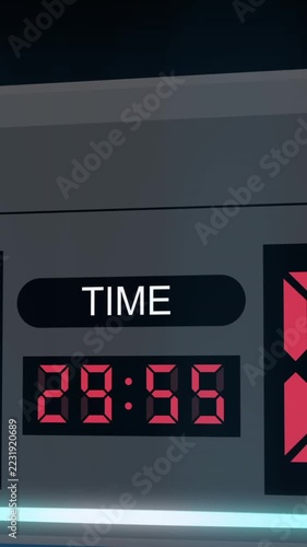 Vertical video: Period starting scoreboard timer, counting time while camera revealing HOME AWAY