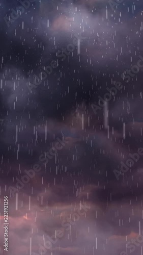 Vertical video: Rain falling over purple clouds, low light making bright streaks, evoking dusk