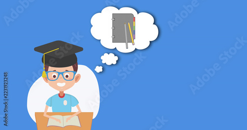 Image of schoolboy in graduation hat with speech bubble on blue background
