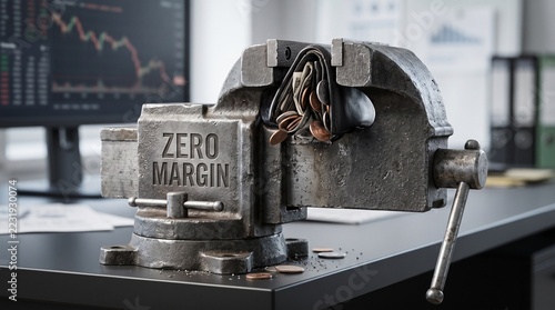 Metal vise crushing a leather wallet, dark industrial style, financial crisis and economic pressure concept