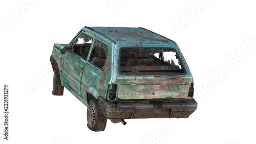 Wrecked compact European hatchback city car rear view showing back angle damage with broken glass and smashed bodywork, isolated on transparent background.