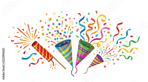 Colorful Party Poppers with Flying Confetti and Streamers Illustration on White Background for Celebration and Festive Events