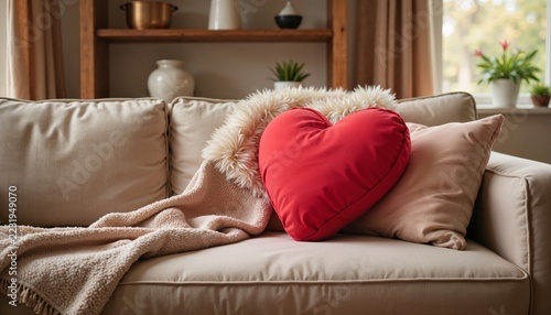 Red heart pillow on a beige sofa in a cozy living room, Valentine's Day  