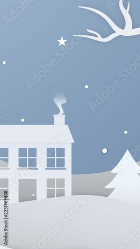 Vertical video: Fade-in starting horizon sliding up, house puffing smoke, snow falling