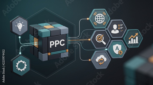 The 3d isometric data cube linking to a PPC campaign performance dashboard with honeycomb web traffic and performance growth charts