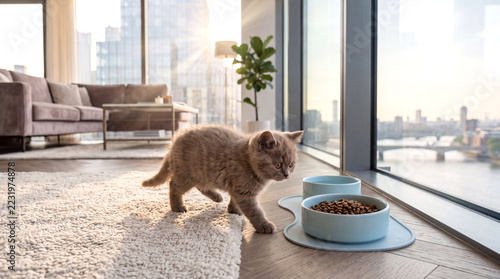 A young kitten walks toward its food bowl to eat. A beautiful apartment on the top floor of a high-rise residential building. Pets, feeding, pet care, pet food.