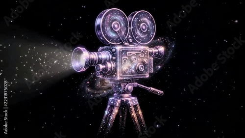 Galaxy dots form a vintage classic film camera on a tripod against a black background, movie,  