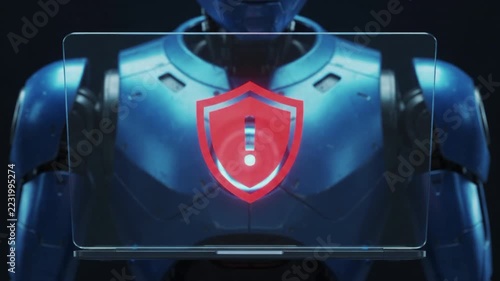 Futuristic 3D Blue Humanoid Robot Character Holding Transparent Screen with Red Security Shield Alert Icon