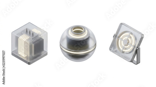 Clean Futuristic AI Hardware Agent Icons with Translucent Heatsink Cube, Gyro Core Sphere, and Optical Light Panel on Transparent Background