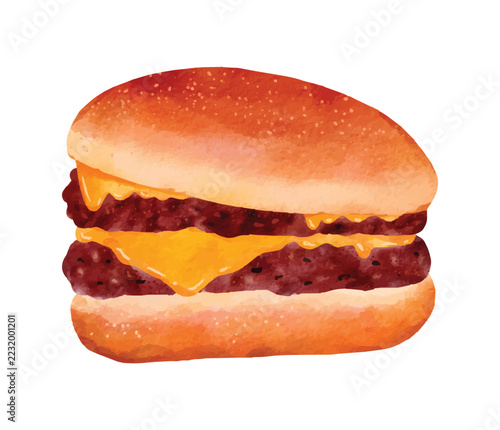 Delicious cheeseburger watercolor illustration isolated on white background