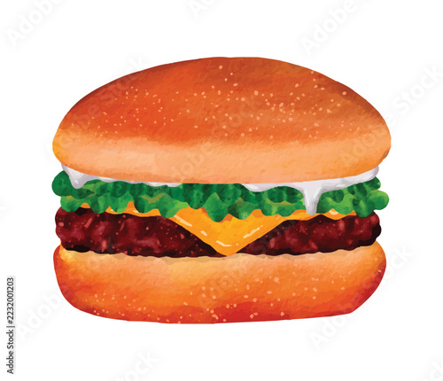 Delicious cheeseburger watercolor illustration isolated on white background