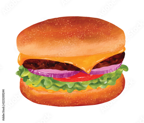 Delicious cheeseburger watercolor illustration isolated on white background