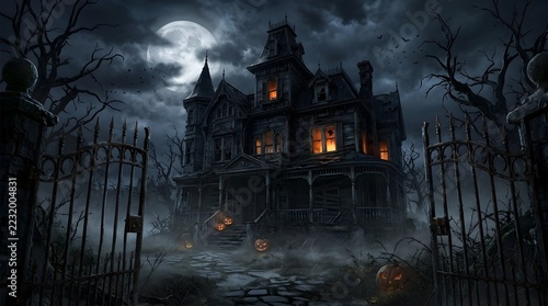 Spooky haunted mansion at night under full moon with glowing and iron fence house ghost town estate gothic architecture horror nighttime atmospheric