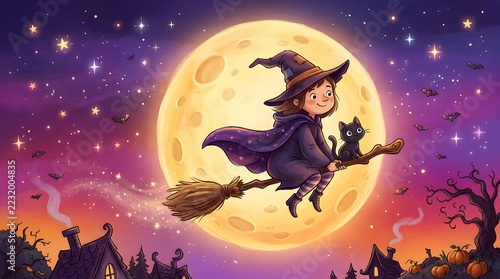 Cute little witch flying on broomstick with black cat across night sky and moon young fantasy character halloween illustration colorful