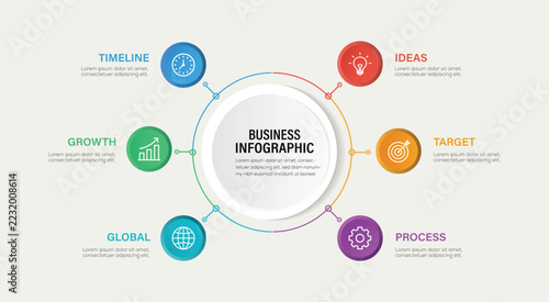 Business Infographic with Ideas Target Process Growth Global Timeline on Circular Diagram. Vector illustration