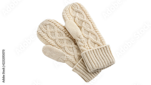Obraz na plátně Pair of cozy beige knitted wool winter mittens with traditional cable patterns isolated on transparent background
