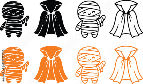 Cute cartoon mummy and vampire cape icons in black and white vector style Vector