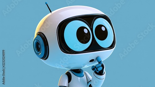 Petit robot blanc mignon avec de grands yeux adopte une posture pensive