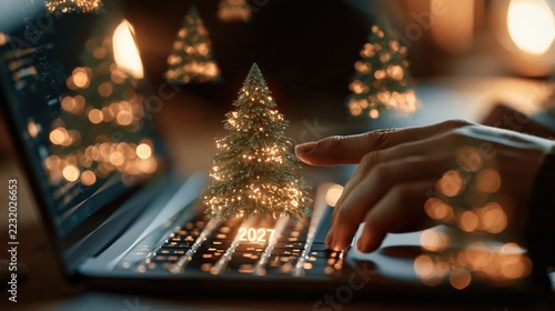 Futuristic Christmas 2027 Hologram with Hand Interacting with Digital Tree Above Laptop